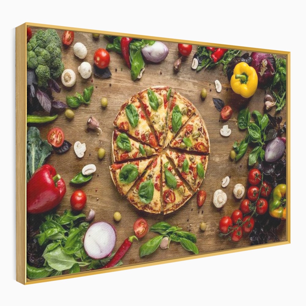 Tablou canvas cu tablou canvas cu pizza si legume, in rama de aluminiu auriu